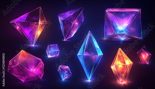 Vector art of glowing geometric shapes with transparent elements captured under intense bright lighting