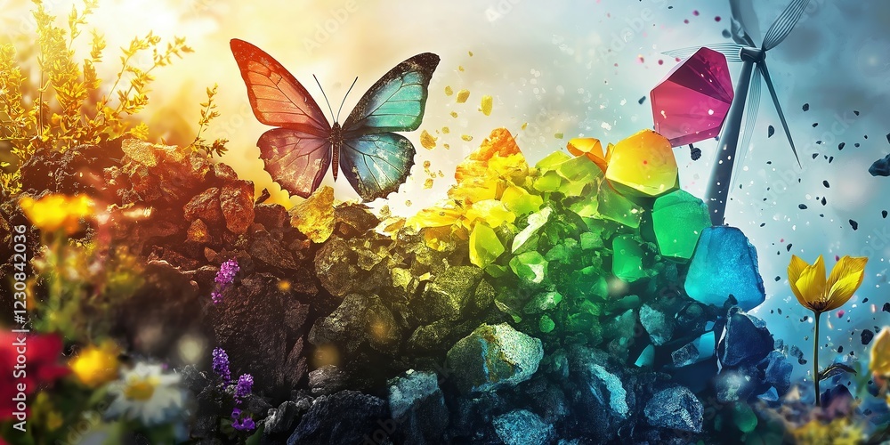 Colorful crystals emerging from dark rocks with butterfly flying and wind turbine generating clean energy in a beautiful fantasy landscape with flowers and sunlight Colorful crystals emerging from dark rocks with butterfly flying and wind turbine generating clean energy in a beautiful fantasy landscape with flowers and sunlight