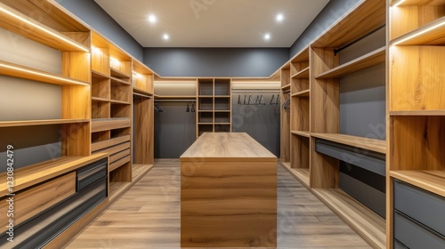 Modern walk-in closet interior design, wood shelves, island, home staging