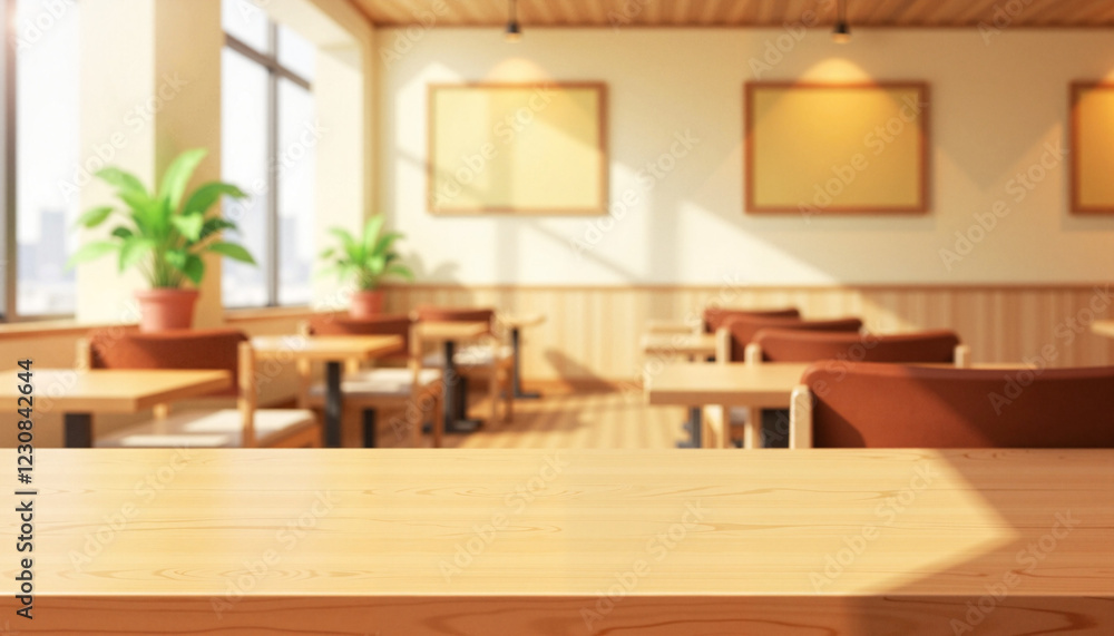 Empty anime cafe table with warm soft tones, inviting ambiance Empty anime cafe table with warm soft tones, inviting ambiance