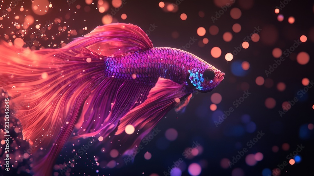 A vibrant pink and purple Betta fish swims gracefully amidst a flurry of sparkling bokeh lights A vibrant pink and purple Betta fish swims gracefully amidst a flurry of sparkling bokeh lights