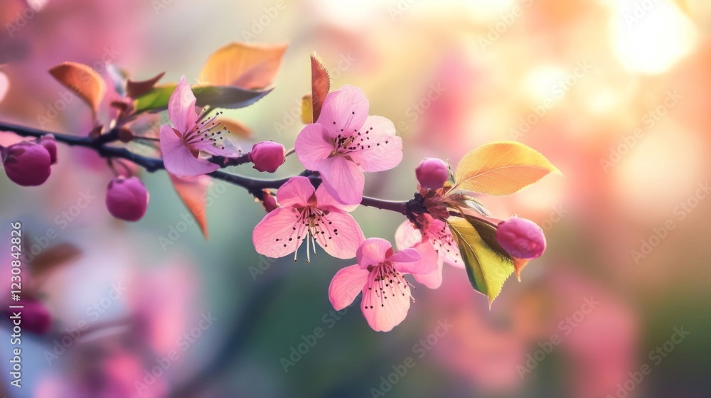 Pink Cherry Blossoms Branch Sunlight Spring Pink Cherry Blossoms Branch Sunlight Spring