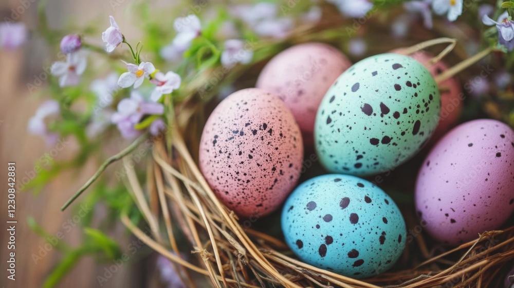 Pastel Speckled Easter Eggs in Bird Nest with Spring Flowers Pastel Speckled Easter Eggs in Bird Nest with Spring Flowers