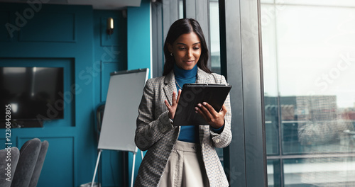 Obraz na płótnie Smile, tablet and planning with business woman in office for workshop coordinator, reading and corporate trainer