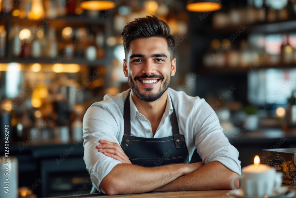 Fototapeta premium portrait of a young smiling Chilean male bartender against blurred bar background