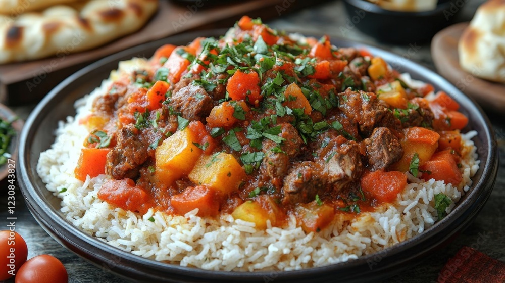 Closeup of a hearty beef and vegetable stew served over fluffy white rice on a dark plate Closeup of a hearty beef and vegetable stew served over fluffy white rice on a dark plate
