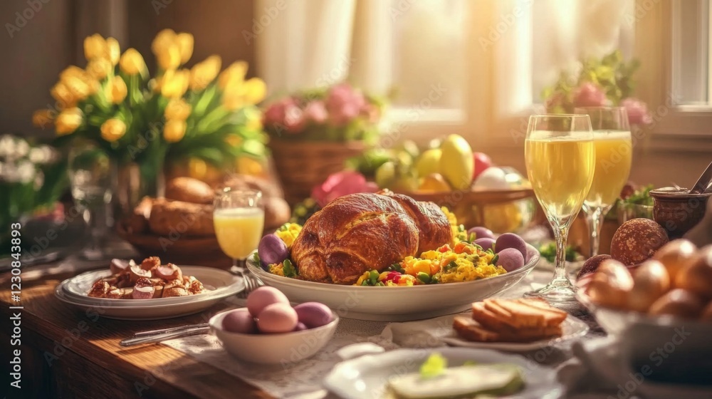 Sunlit Easter Table Setting with Roasted Chicken and Spring Flowers Sunlit Easter Table Setting with Roasted Chicken and Spring Flowers