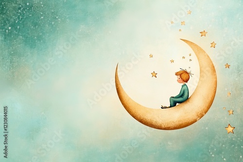 A whimsical illustration of the Little Prince sitting on a crescent moon, surrounded by twinkling stars 