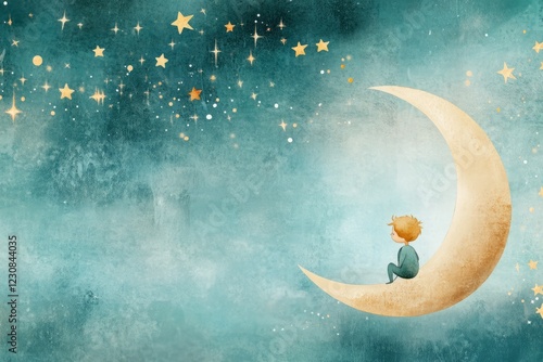A whimsical illustration of the Little Prince sitting on a crescent moon, surrounded by twinkling stars