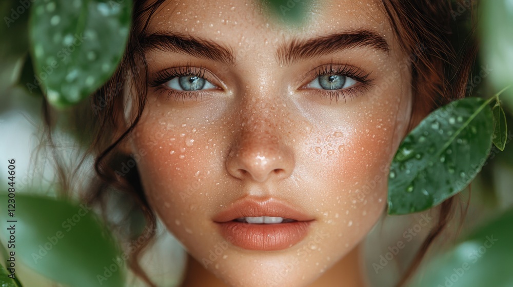 Close-up portrait of a young woman with freckles and water droplets on her face, framed by green leaves. Close-up portrait of a young woman with freckles and water droplets on her face, framed by green leaves.