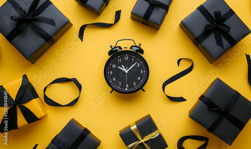 Black Friday Shopping Items with Alarm Clock and Gift Boxes on Yellow Background photo