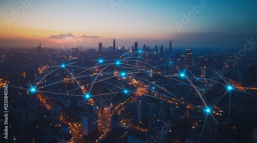 Wallpaper Mural Smart digital Innovation city with connection network reciprocity over the cityscape. of future smart wireless digital city and social media networking systems that connects people with in city Torontodigital.ca