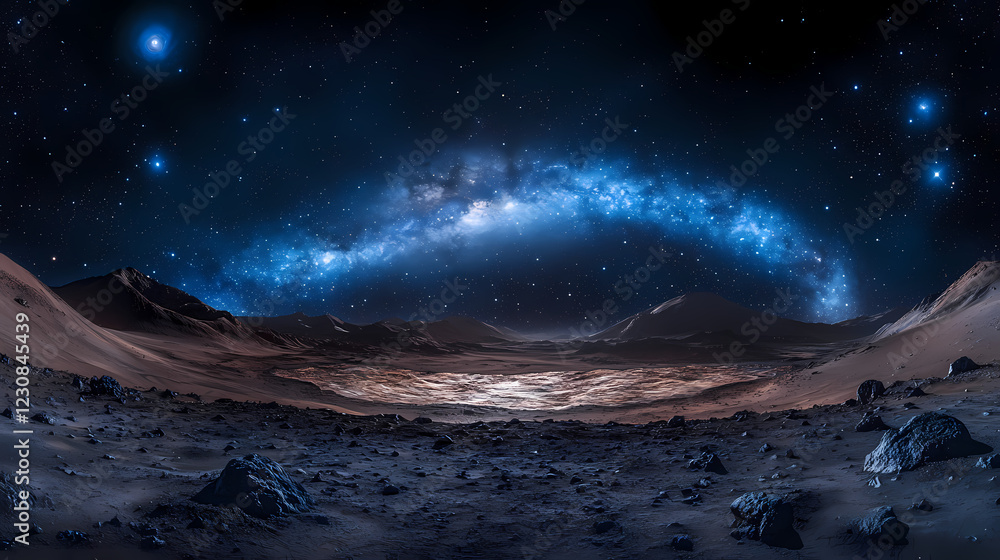 View into the milky way from mars with jupiter in the background and orion's belt with blue hued nebulas. Galactic Ridge. Illustration