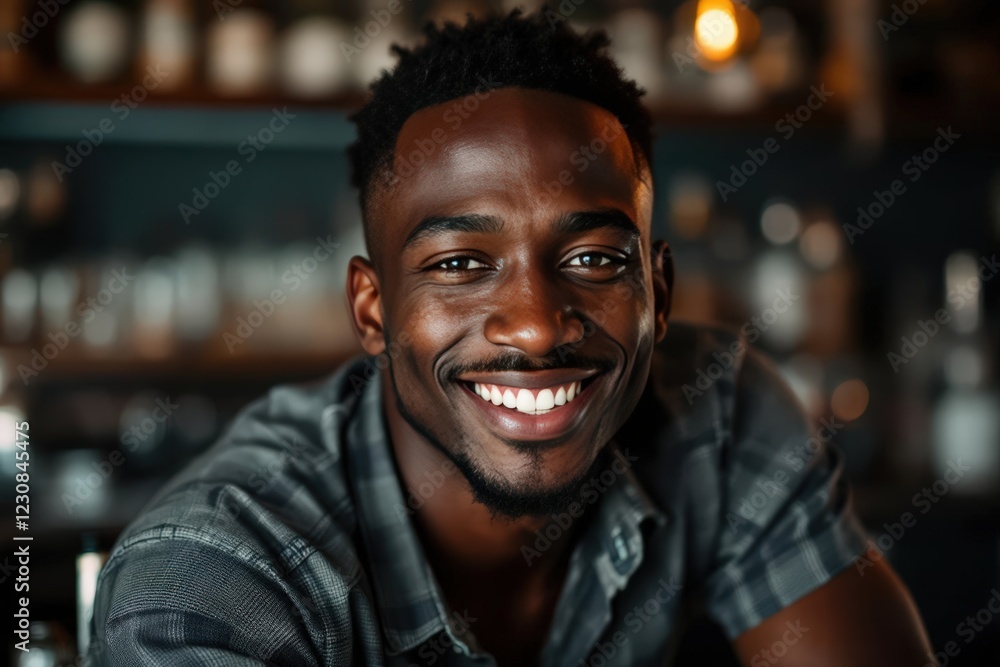 portrait of a young smiling Gambian male bartender against blurred bar background portrait of a young smiling Gambian male bartender against blurred bar background