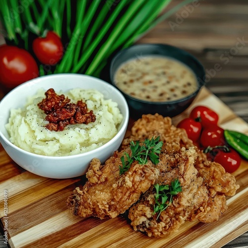 Fried chicken tenders with mashed potatoes and spicy sauce photo