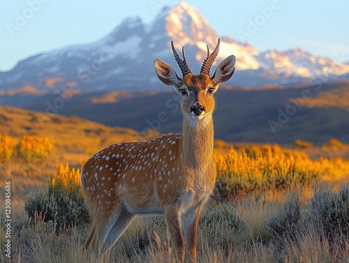 Spotted Deer Standing in a Golden Field with a Majestic Snow-Capped Mountain Backdrop photo