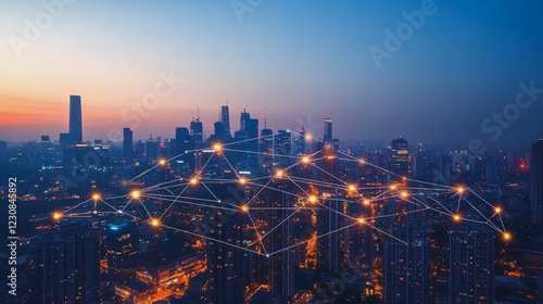 Wallpaper Mural Smart digital Innovation city with connection network reciprocity over the cityscape. of future smart wireless digital city and social media networking systems that connects people with in city Torontodigital.ca