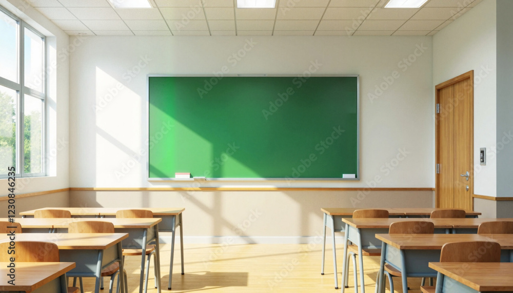 Bright school classroom with green chalkboard and sunlight, learning environment Bright school classroom with green chalkboard and sunlight, learning environment