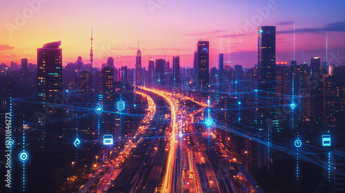 Wallpaper Mural Smart digital Innovation city with connection network reciprocity over the cityscape. of future smart wireless digital city and social media networking systems that connects people with in city Torontodigital.ca