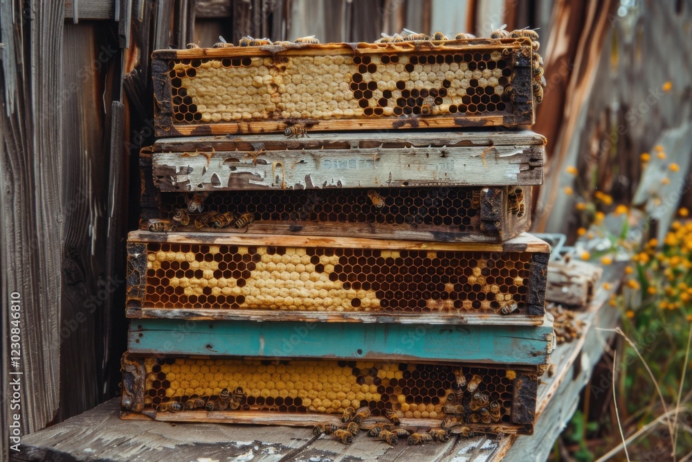 Honeybees Inside a Beehive Working on Honeycomb Honeybees Inside a Beehive Working on Honeycomb