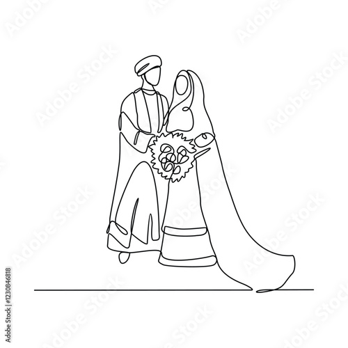 One continuous line drawing of wedding ceremony vector illustration. spouse bride complete with wedding costume design illustration simple linear style vector concept. Wedding design vector asset.	
