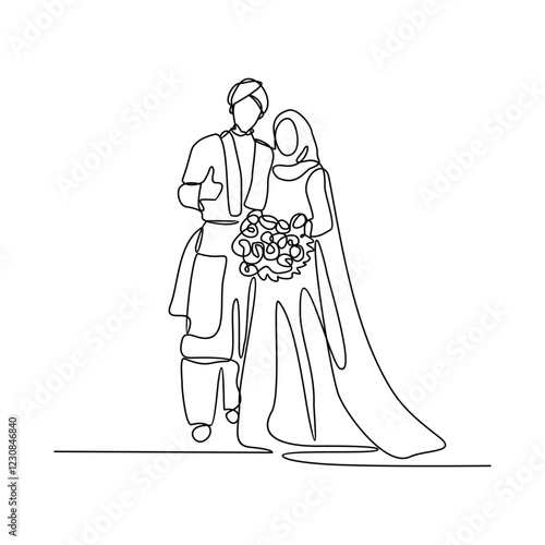 One continuous line drawing of wedding ceremony vector illustration. spouse bride complete with wedding costume design illustration simple linear style vector concept. Wedding design vector asset.	
