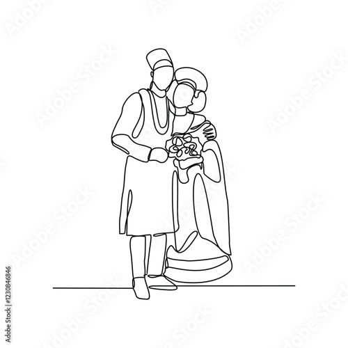 One continuous line drawing of wedding ceremony vector illustration. spouse bride complete with wedding costume design illustration simple linear style vector concept. Wedding design vector asset.	
