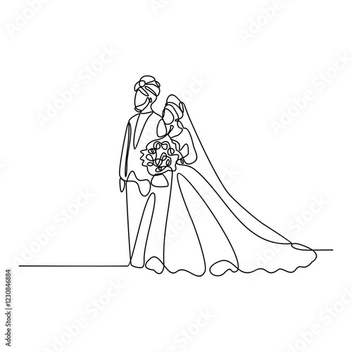 One continuous line drawing of wedding ceremony vector illustration. spouse bride complete with wedding costume design illustration simple linear style vector concept. Wedding design vector asset.	
