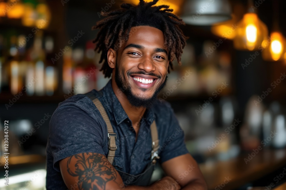 portrait of a young smiling Jamaican male bartender against blurred bar background portrait of a young smiling Jamaican male bartender against blurred bar background