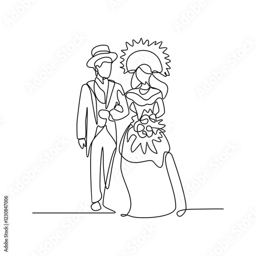 One continuous line drawing of wedding ceremony vector illustration. spouse bride complete with wedding costume design illustration simple linear style vector concept. Wedding design vector asset.	
