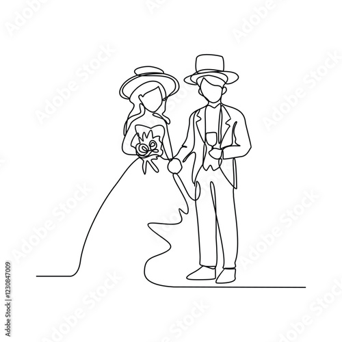 One continuous line drawing of wedding ceremony vector illustration. spouse bride complete with wedding costume design illustration simple linear style vector concept. Wedding design vector asset.	
