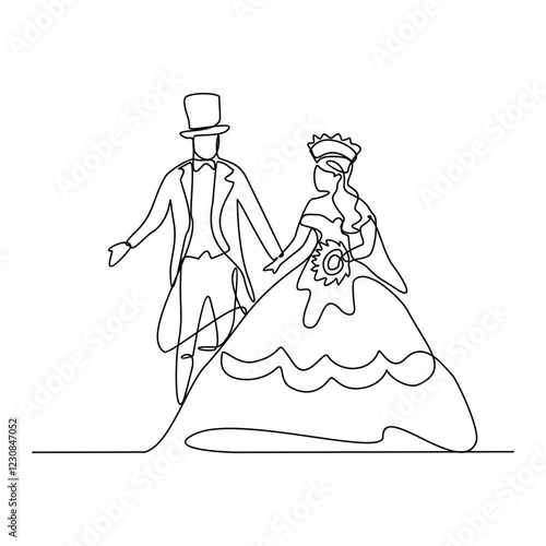 One continuous line drawing of wedding ceremony vector illustration. spouse bride complete with wedding costume design illustration simple linear style vector concept. Wedding design vector asset.	
