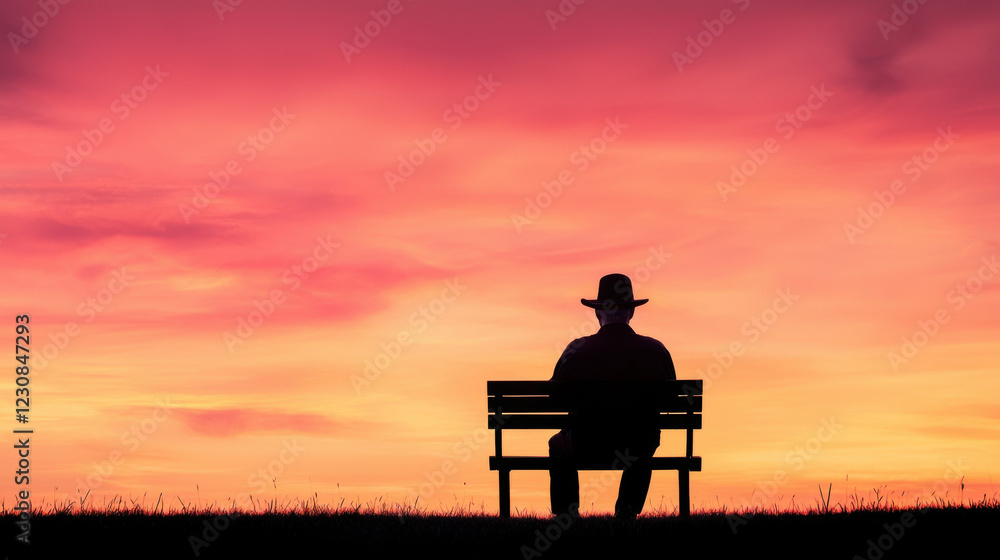 Obraz premium A silhouette of a person wearing a hat sits on a bench against a vibrant sunset sky, evoking a sense of solitude and contemplation.