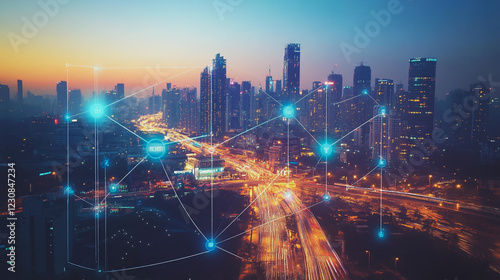 Wallpaper Mural Smart digital Innovation city with connection network reciprocity over the cityscape. of future smart wireless digital city and social media networking systems that connects people with in city Torontodigital.ca