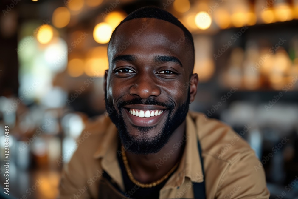 Fototapeta premium portrait of a young smiling Kenyan male bartender against blurred bar background