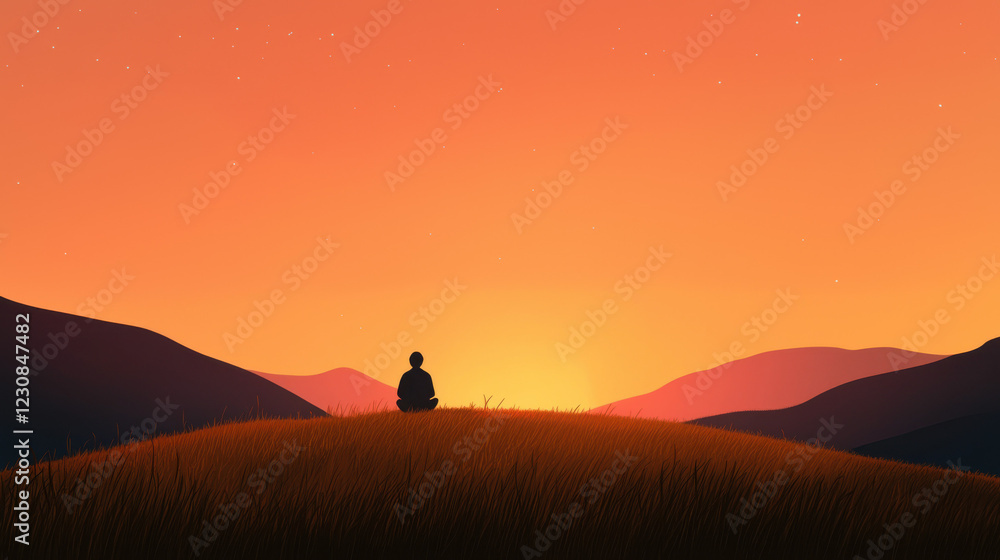 A serene silhouette of a person sitting on a hill, gazing at a vibrant sunset with orange and purple hues illuminating the sky. A serene silhouette of a person sitting on a hill, gazing at a vibrant sunset with orange and purple hues illuminating the sky.