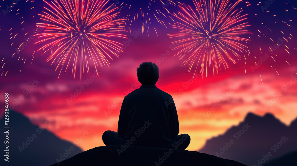 A silhouette of a person meditating against a vibrant sunset with colorful fireworks lighting up the sky. A silhouette of a person meditating against a vibrant sunset with colorful fireworks lighting up the sky.