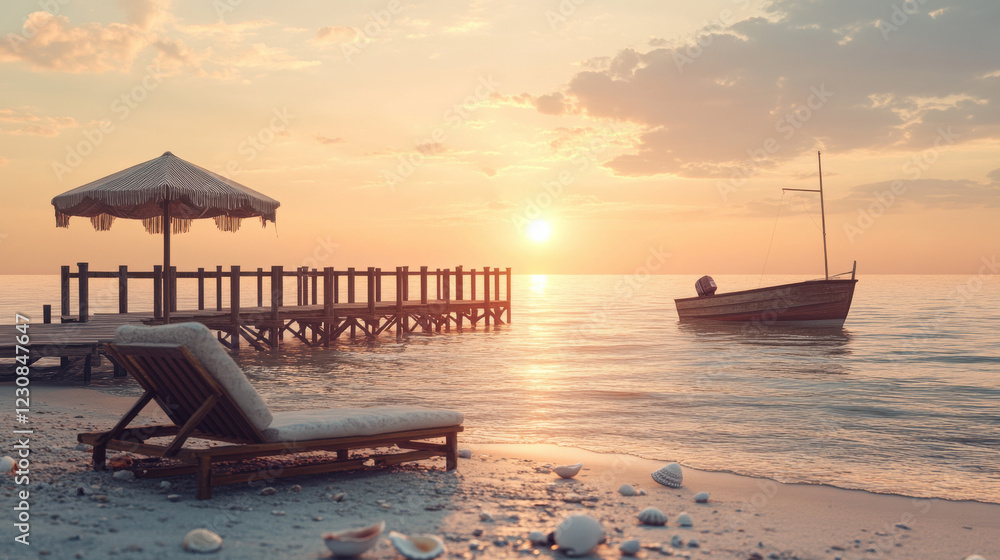 Naklejka premium A charming 3D-rendered beach scene featuring a small wooden pier extending into a calm ocean, with a lone fishing boat anchored nearby
