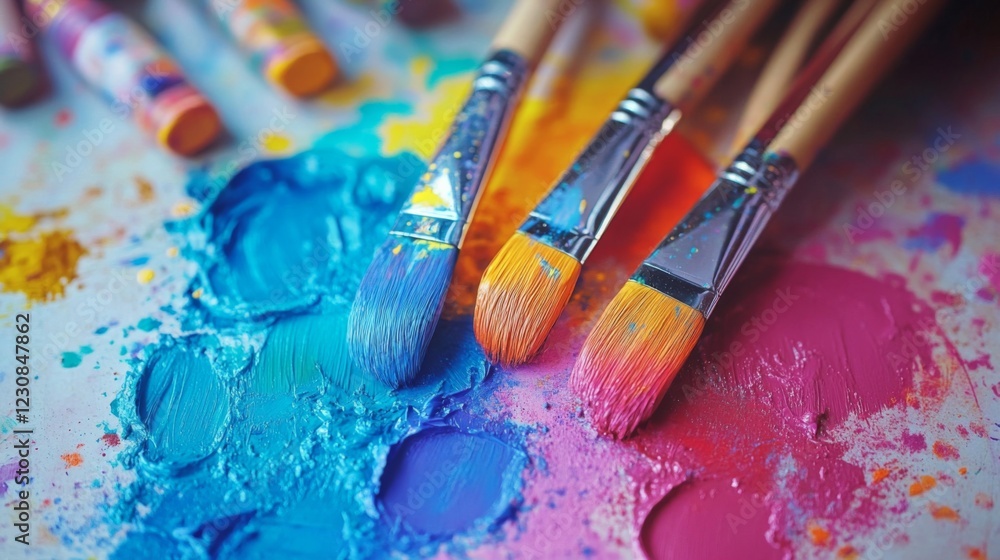 Fototapeta premium Closeup of Paintbrushes on Colorful Paint Palette