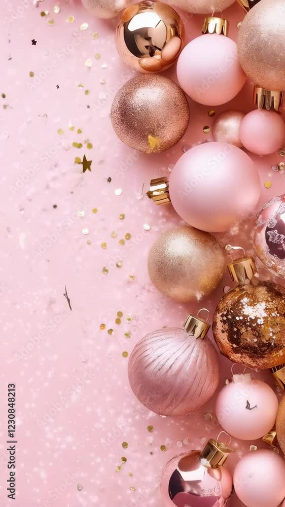 Elegant pink and gold christmas ornaments with glitter background falling in festive arrangement Elegant pink and gold christmas ornaments with glitter background falling in festive arrangement