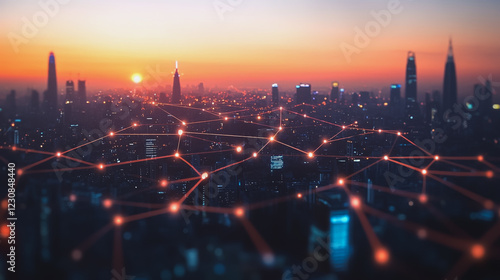 Smart digital Innovation city with connection network reciprocity over the cityscape. of future smart wireless digital city and social media networking systems that connects people with in city