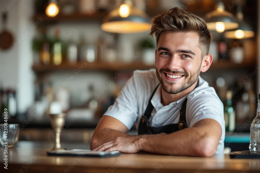 Fototapeta premium portrait of a young smiling Lithuanian male bartender against blurred bar background