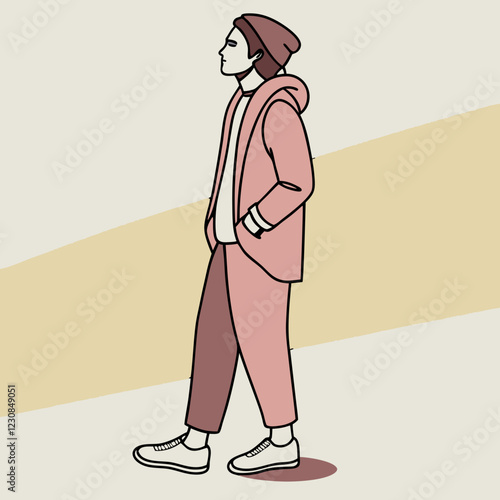 Person walking confidently in pink monochromatic outfit. Modern minimal style against geometric background. Concept of urban fashion, streetwear, youth culture.