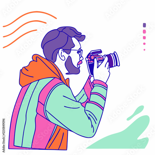 Bearded man with glasses taking photo, wearing colorful jacket. Vector-style illustration with abstract elements. Concept of photography, creativity.