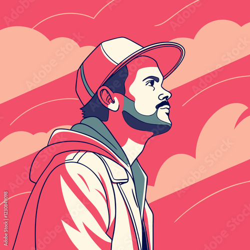 A man in baseball cap gazing upward, wearing hooded jacket. Contemplative expression against cloud backdrop. Concept of music, urban culture.