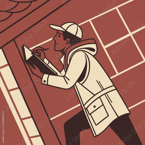 Man of color taking notes while standing, wearing casual attire near brick building with focused expression. Concept of education, professional development, urban lifestyle.