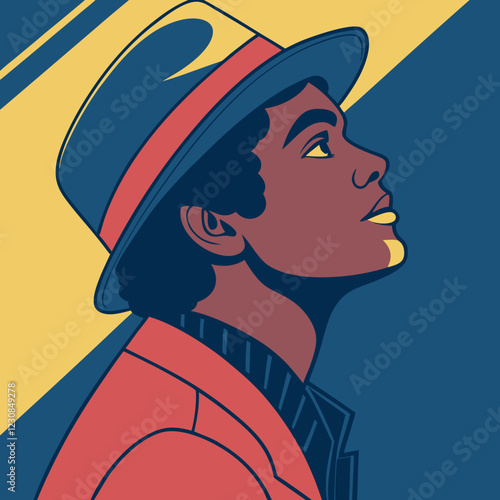 Black man in profile gazing upward, wearing fedora and red jacket. Vintage pop art style with bold diagonal stripes. Concept of: music industry, entertainment history, pop culture