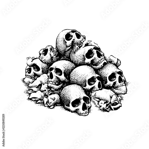 Pointillism Pile of Skulls Engraved Illustration