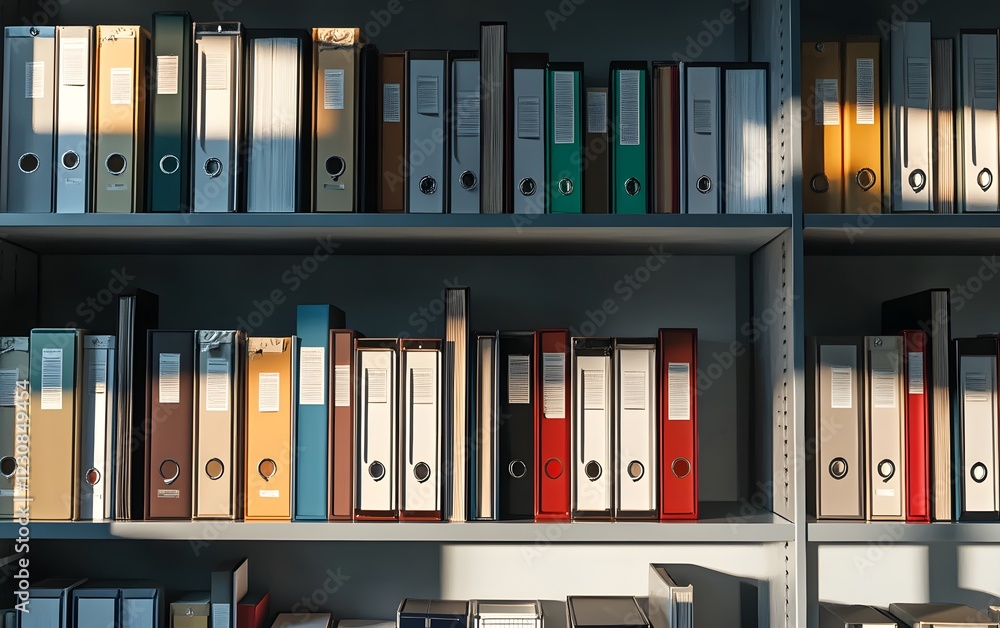 A detailed view of organized folders on a shelf, showcasing various colors and labels. This image captures the essence of office organization and document management. A detailed view of organized folders on a shelf, showcasing various colors and labels. This image captures the essence of office organization and document management.