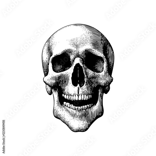 Pointillism Classic Human Skull Engraved Illustration